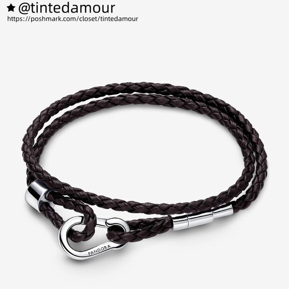 Pandora Hanging Sloth & Brown Braided Double Leather Bracelet Set - Picture 2 of 3